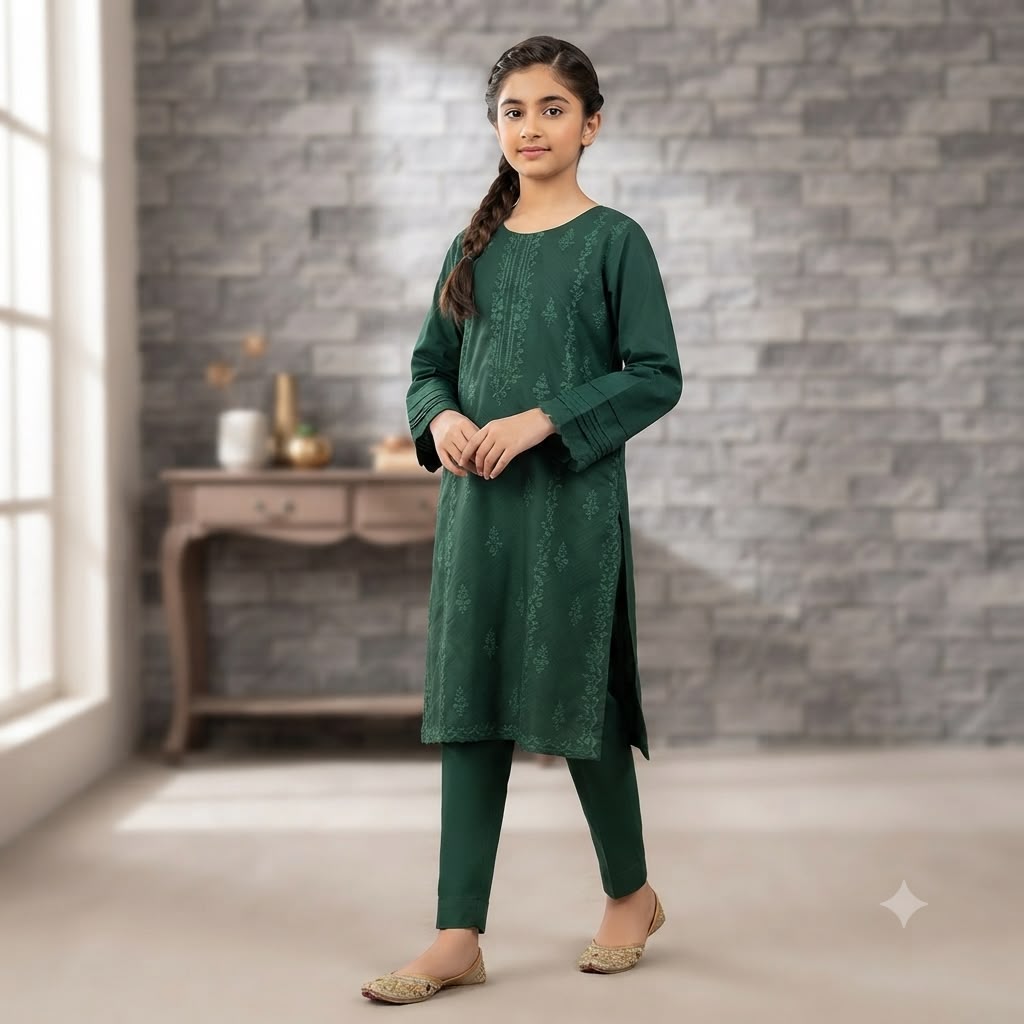 Girls Green Jacquard Embroidered 2-Piece Suit