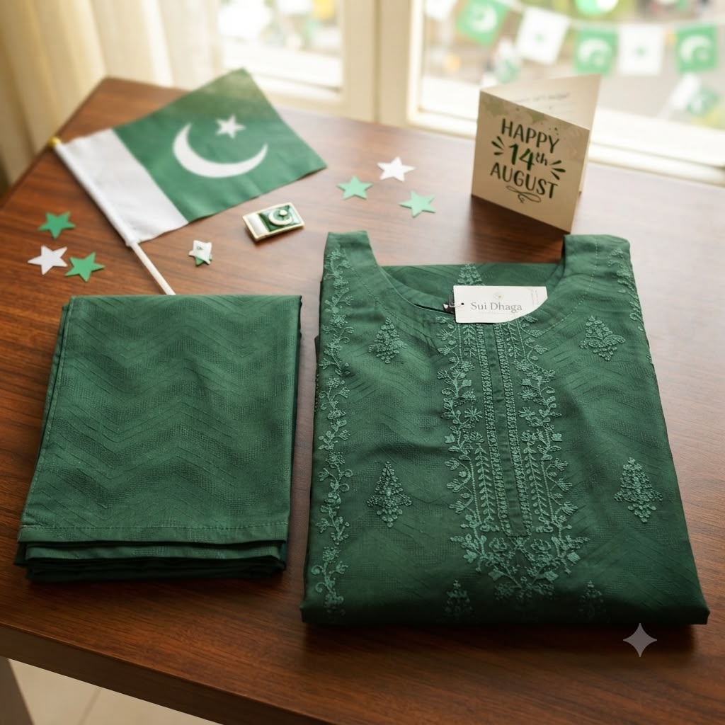 Girls Green Jacquard Embroidered 2-Piece Suit