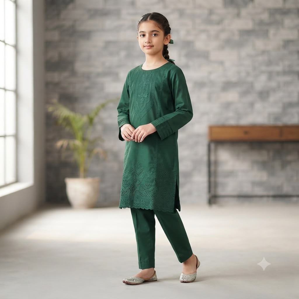 Girls Green Jacquard Embroidered 2-Piece Suit