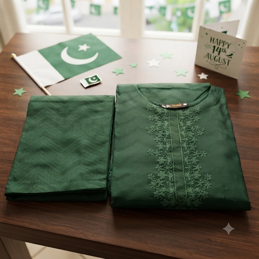 Girls Green Jacquard Embroidered 2-Piece Suit