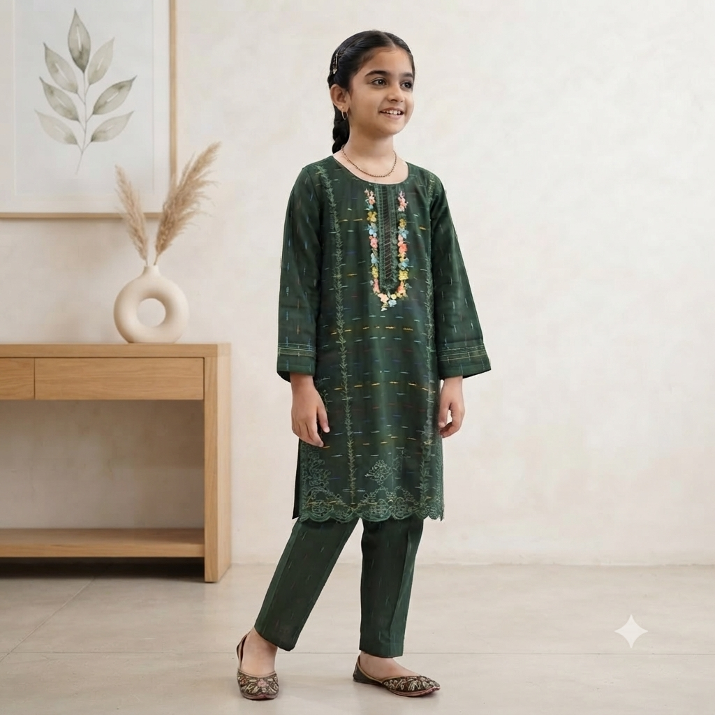 Girls Green multi Embroidered 2-Piece Suit