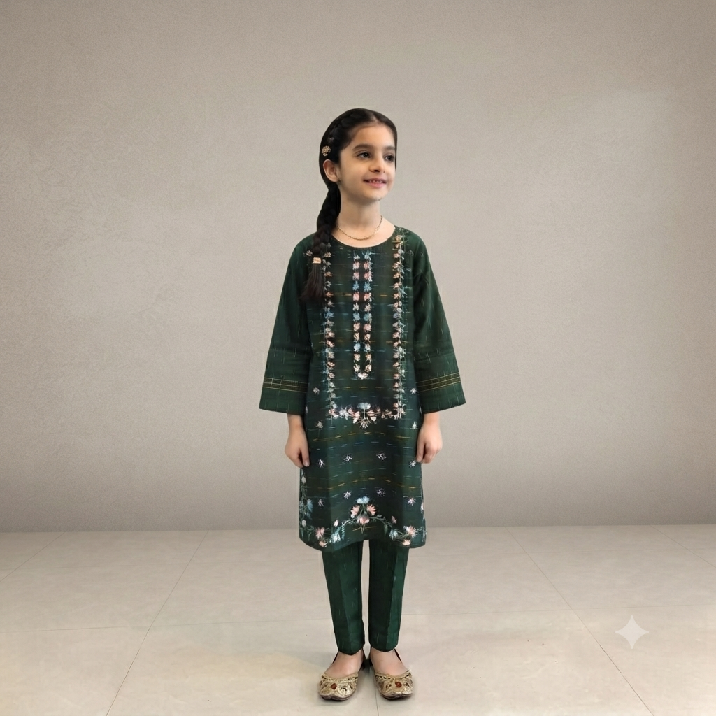 Girls Green multi Embroidered 2-Piece Suit