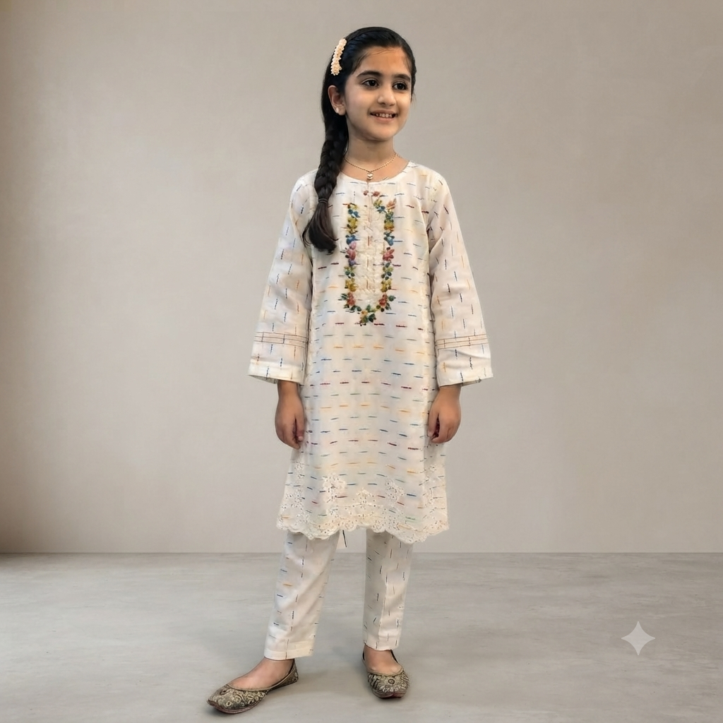 Girls White multi Embroidered 2-Piece Suit