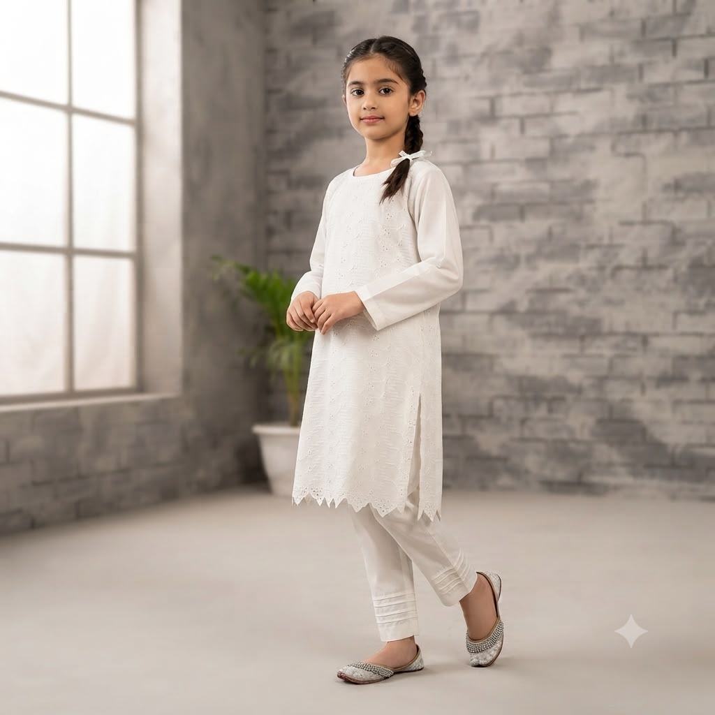 Girls White Chicken kari 2-Piece Suit
