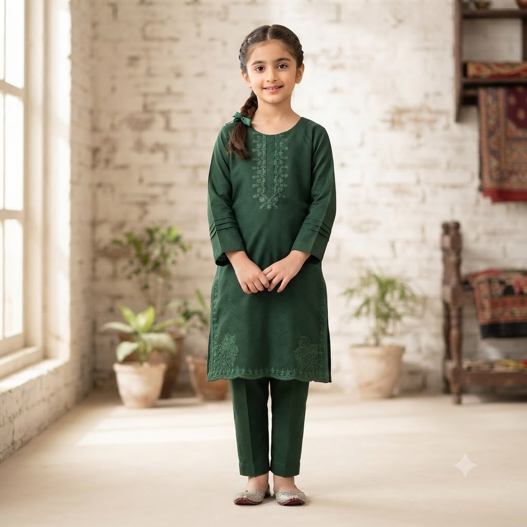 Girls Green Jacquard Embroidered 2-Piece Suit