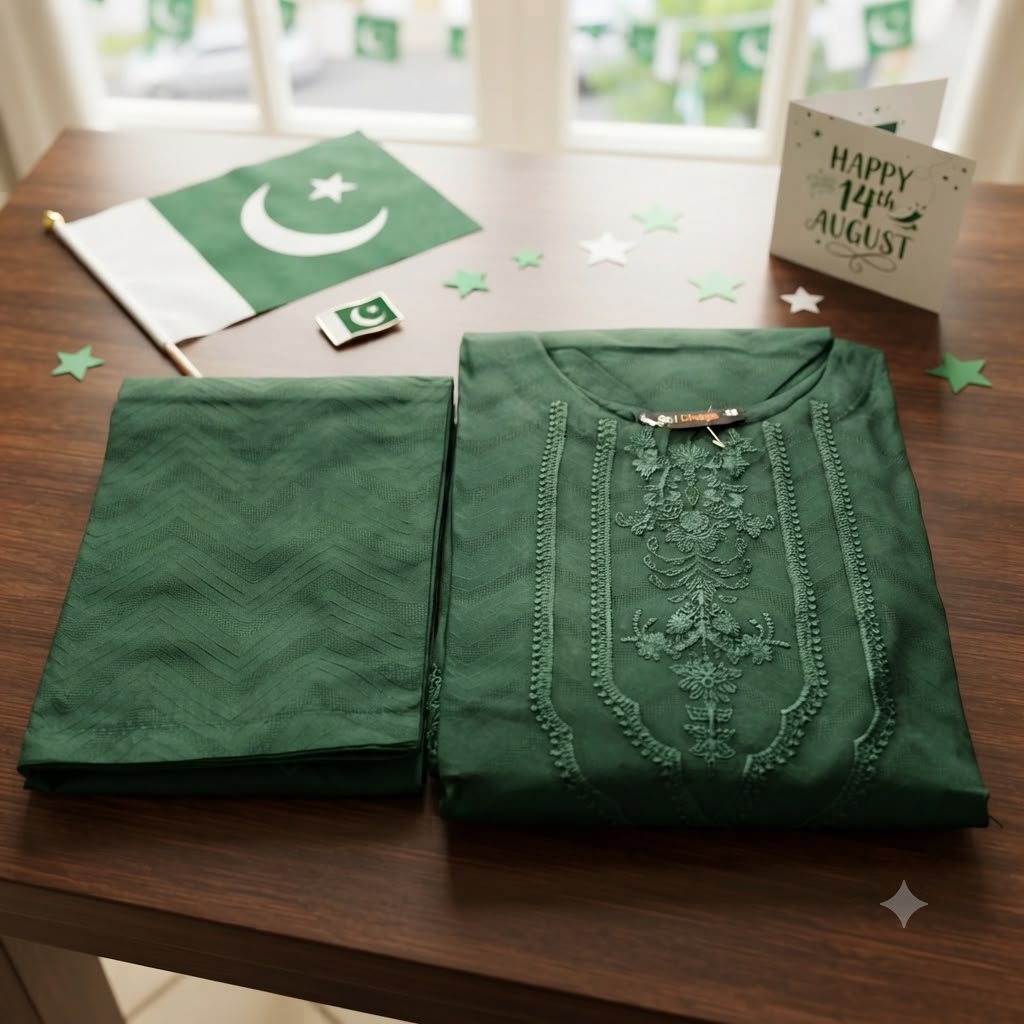 Girls Green Jacquard Embroidered 2-Piece Suit