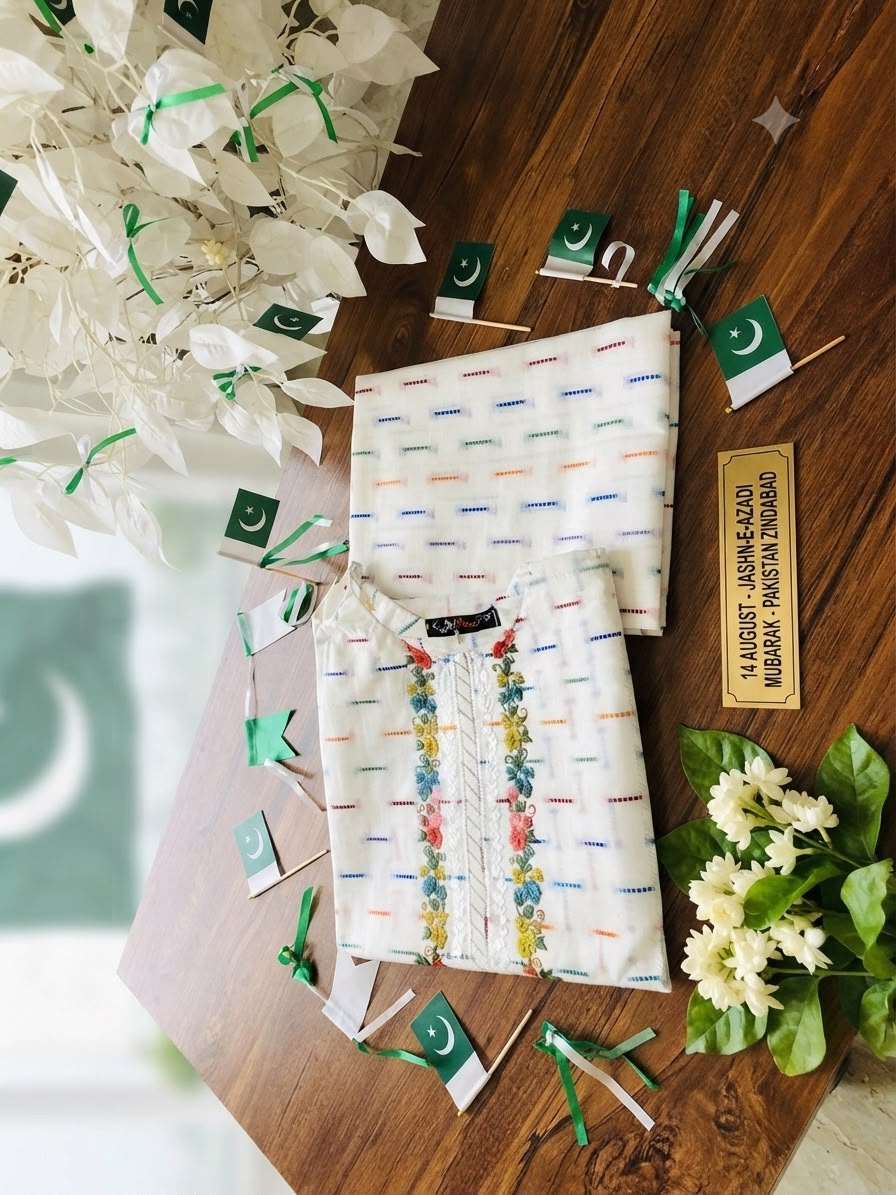Girls White multi Embroidered 2-Piece Suit