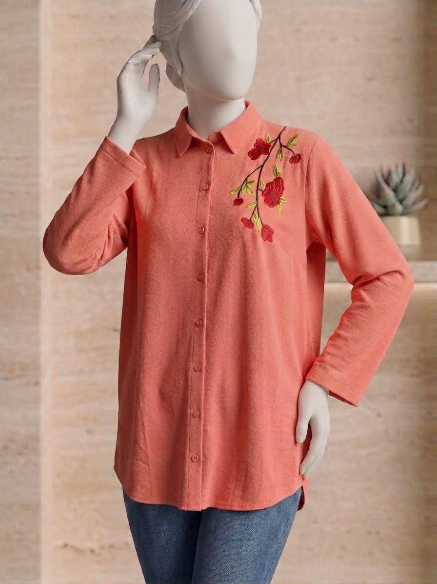 Women’s Textured Soft Cotton Front-Open Embroidered Top