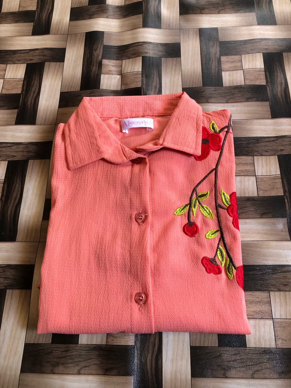 Women’s Textured Soft Cotton Front-Open Embroidered Top