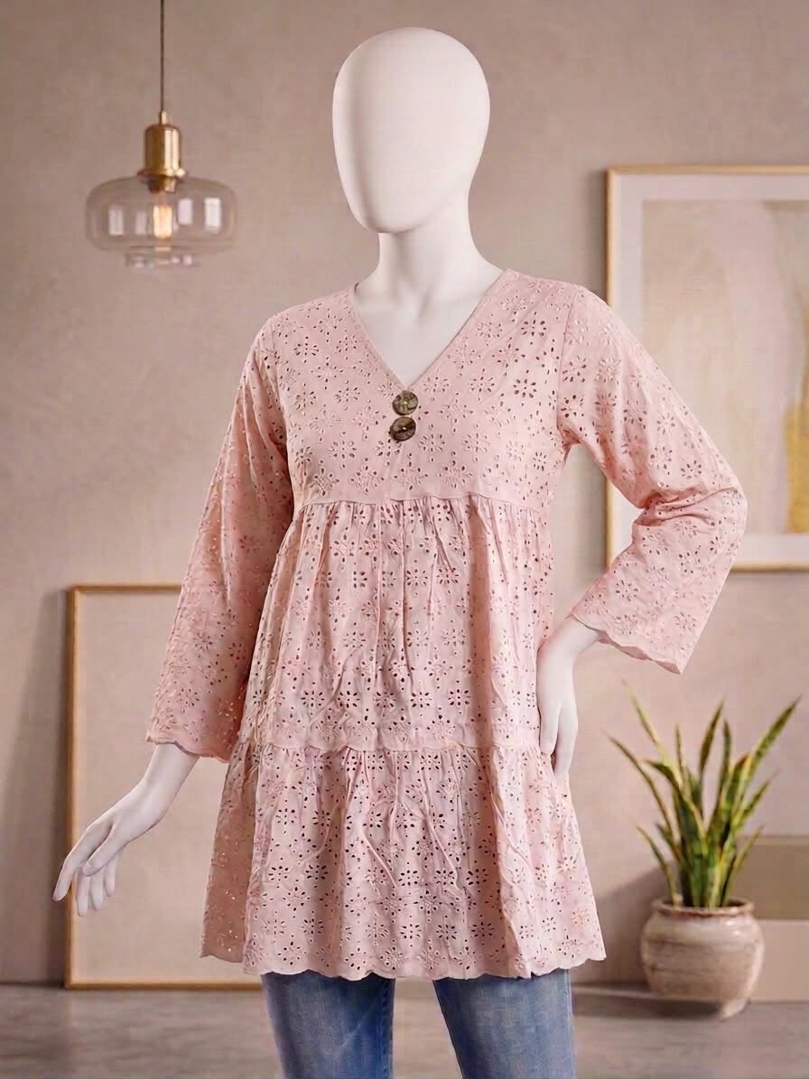 Women’s Lawn 3-Layer Chikankari Button Detail Top